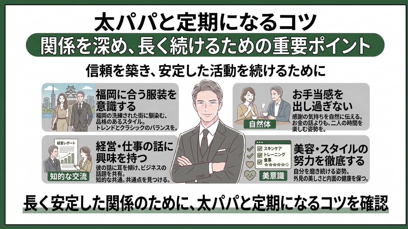 福岡の交際クラブで成功するコツ｜【女性向け】太パパと定期になるコツ