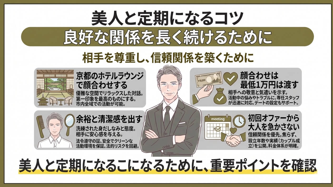 京都の交際クラブで成功するコツ｜【男性向け】美人と定期になるコツ