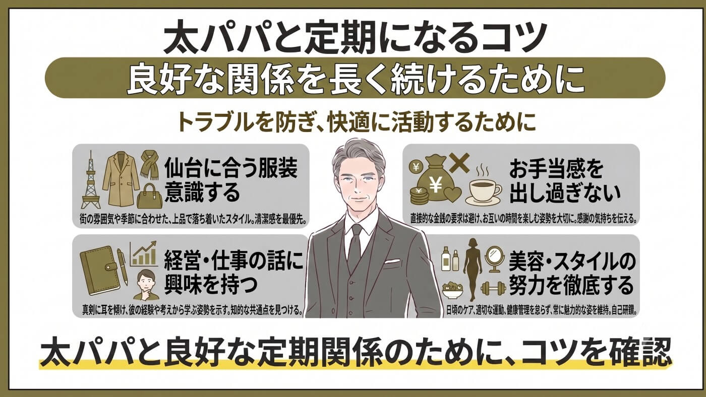 仙台の交際クラブで成功するコツ｜【女性向け】太パパと定期になるコツ